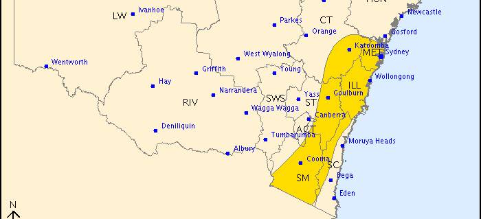 Severe weather warning (damaging winds) area, issued by the Bureau of Meteorology at 8.42pm on Monday. 
