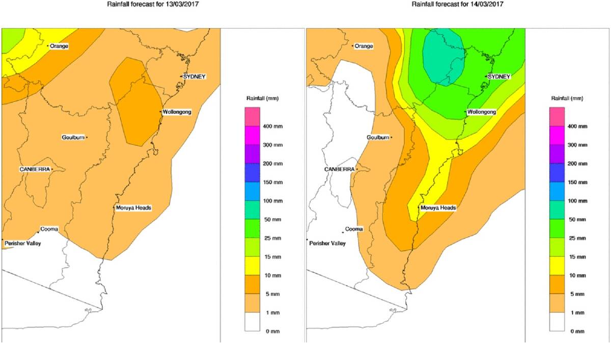 The Bureau of Meteorology's forecast rainfall maps for Monday (left) and Tuesday. 