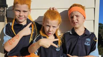 Bentley Cormack, Odie Cormack and Bowie Cormack wearing orange for WOW Day. Picture by Unanderra Public School