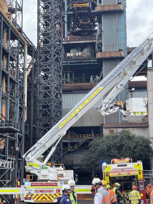 Emergency services at the number 6 blast furnace at BlueScope in Port Kembla on Friday, May 10, 2024 after two workers were injured. Picture supplied
