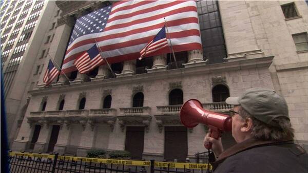 Michael Moore declares the New York Stock Exchange a crime scene in Moore's new film, Capitalism: A Love Story