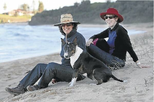 Alex Kaufman, Victoria Dawson and bull terrier Kitty at Sharkey's Beach, Coledale. Picture: KEN ROBERTSON