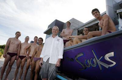 Sweep Rod Latham and his young Wollongong City Beach surf crew,  from  left, Daniel Pretzler, Patrick Heffernan, Jake Latham, Nathan Boscaro, Andrew Bell, Fraser Worthington and Brandon Saveski will take on the 2012 George Bass Surf Boat Marathon on their boat named The Sooks. Picture: ANDY ZAKELI