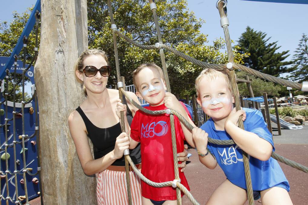 Melissa Hughes with sons Benjamin, 5, and Jackson, 3, at Belmore Basin playground, now a smoke-free zone. Picture: DAVE TEASE