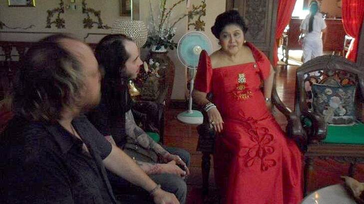Brisbane filmmakers Andrew Leavold and Danny Palisa with Imelda Marcos.