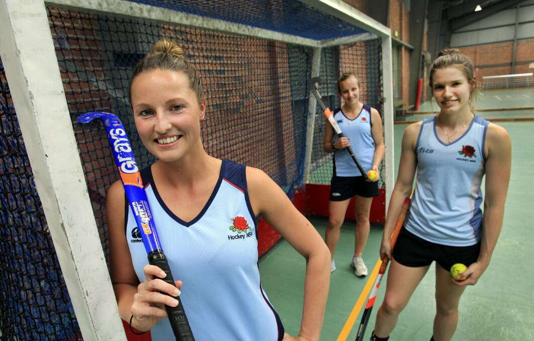 New members of the Australian indoor hockey team Claire Rieck, Emma McLeish and Kyah Gray are off to Europe next month. Picture: ORLANDO CHIODO