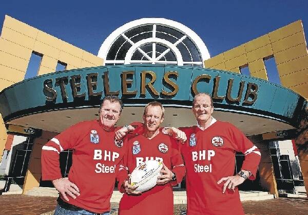 Michael Bolt (left), Greg Mackey and Sean O'Connor are ready for the first Rusty Steelers reunion before the clash with the Broncos. Picture: ORLANDO CHIODO