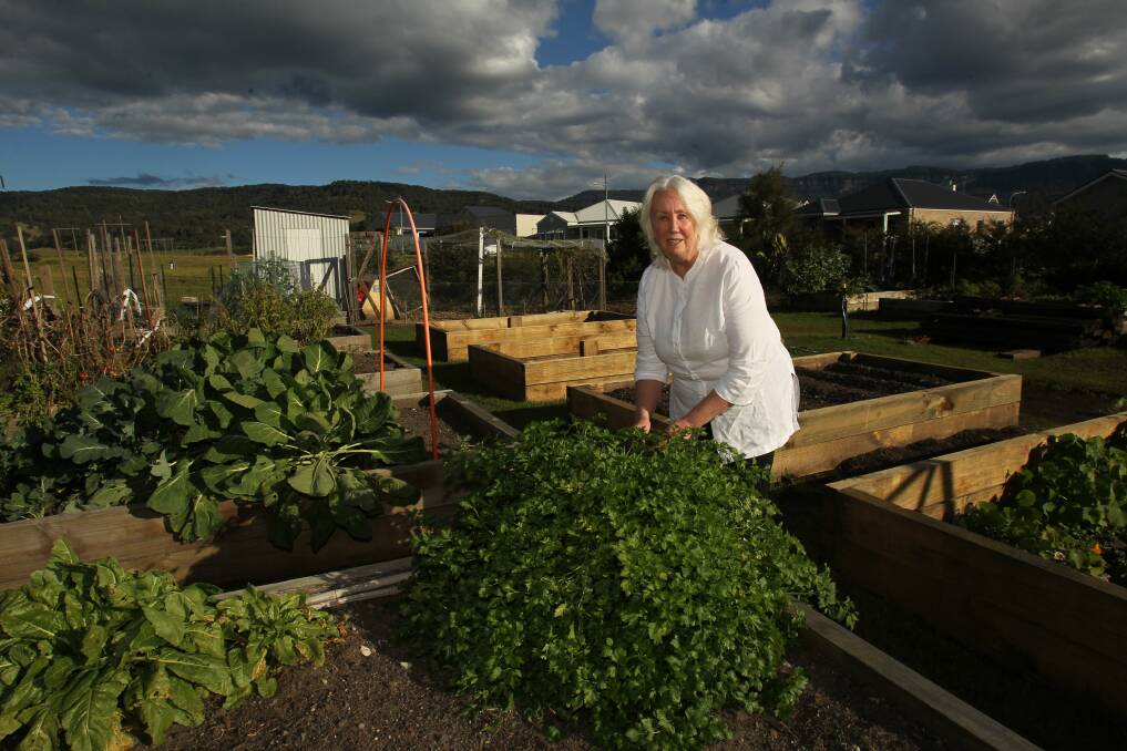 Carol King in Tullimbar’s community garden, which also has ever-changing views of the escarpment.