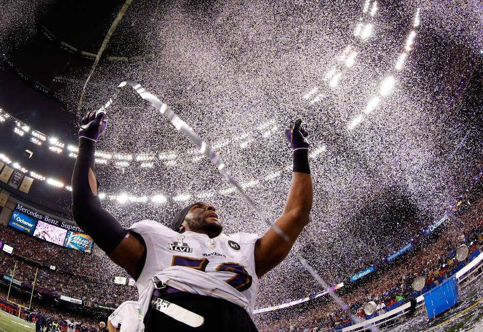 Victorious: Baltimore Ravens' Ray Lewis celebrates after defeating the San Francisco 49ers. Picture: GETTY IMAGES/AFP