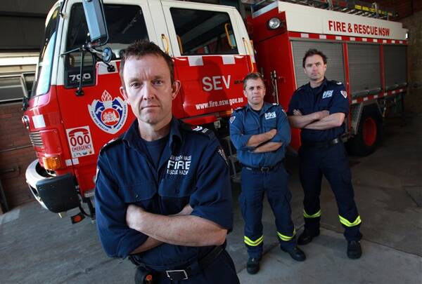 Firefighters (from left) Phil Hay, Brent Oyston and Mat Sigmund at Wollongong Fire Station. Picture: ORLANDO CHIODO