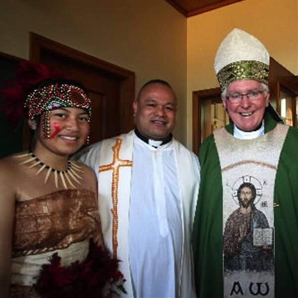 Bishop Peter Ingham with Father Tietie, Julian Samaauga and Jowinna Fainuu.