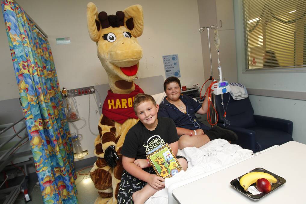Healthy Harold brought the smiles with him when he visited Ashton, 8, left and brother Jackson, 11, at Wollongong Hospital. Picture: CHRISTOPHER CHAN
