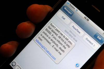 The threatening text message that police around Australia are investigating. Picture:  KIRK GILMOUR