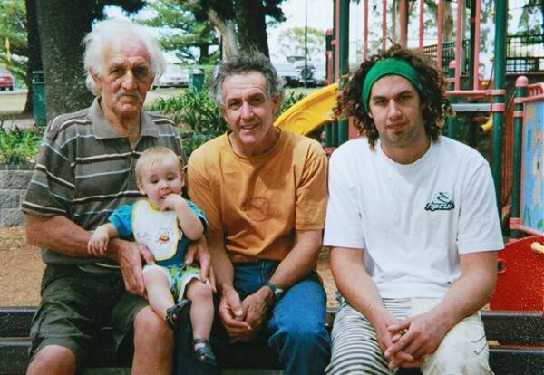 Family photo of Jack Matthews of Dapto holding great grandson Zachariah with son Steven Matthews and grandson Daniel.