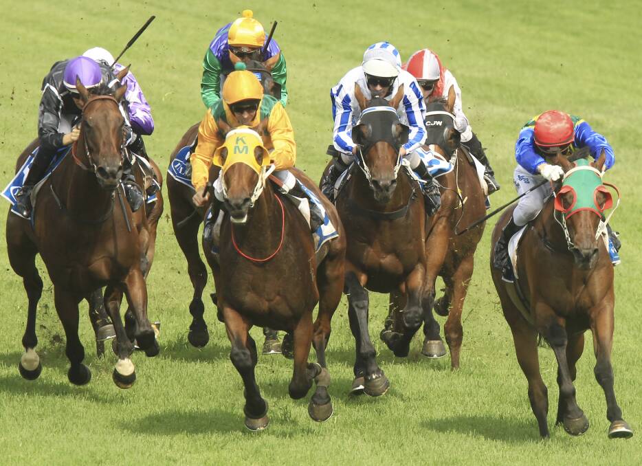 Alma's Fury (red cap, far right) finished second to All Legal (yellow cap, second from left) in the Villiers Stakes at Warwick Farm last Saturday. Picture: JENNY EVANS