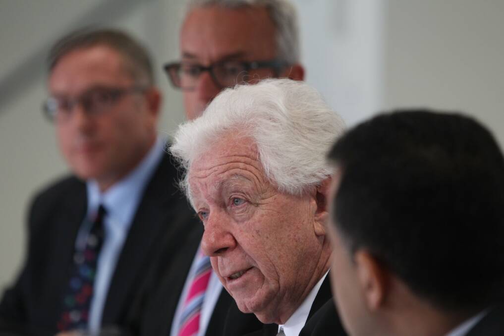 FFA chairman Frank Lowy, second right, announces the new four year agreement with Fox Sports and SBS. Picture: BRENDAN ESPOSITO