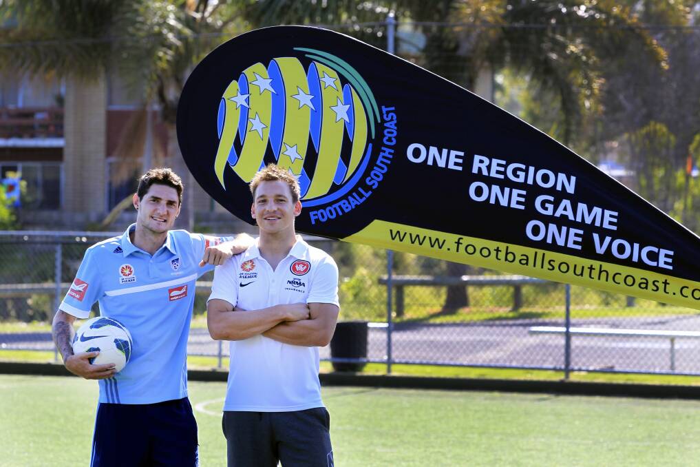 Corey Gameiro, Sydney FC, and Wanderer Brendon Santalab. Picture: ORLANDO CHIODO