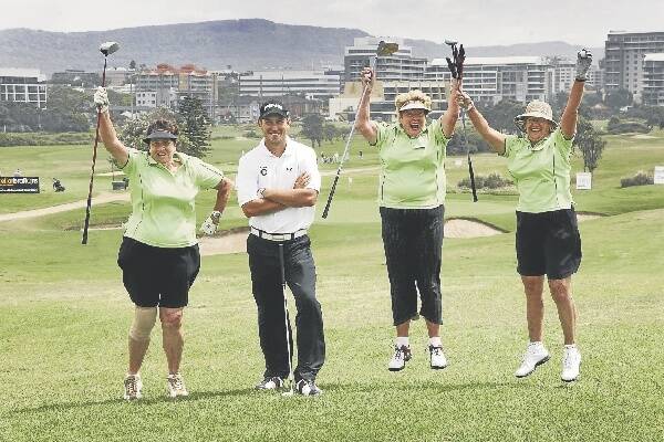 Bev Tobin, PGA pro Brenden Stuart, Bev Rood and Valda Oyston jump for joy at Wollongong Golf Club during the Ladies Pro-Am yesterday. The NSW PGA kicks off on the course tomorrow. Report: Page 60-61. Picture: DAVE TEASE