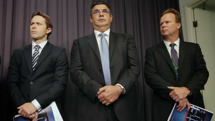 Home Affairs Minister Jason Clare, AFL chief executive Andrew Demetriou and Australian Rugby Union CEO Bill Pulver at the joint press conference on organised crime and drugs in sport, at Parliament House in Canberra.