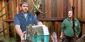 Mathew and John Radnidge celebrate the return of monkeys stolen from Symbio Wildlife Gardens at Helensburgh last June.