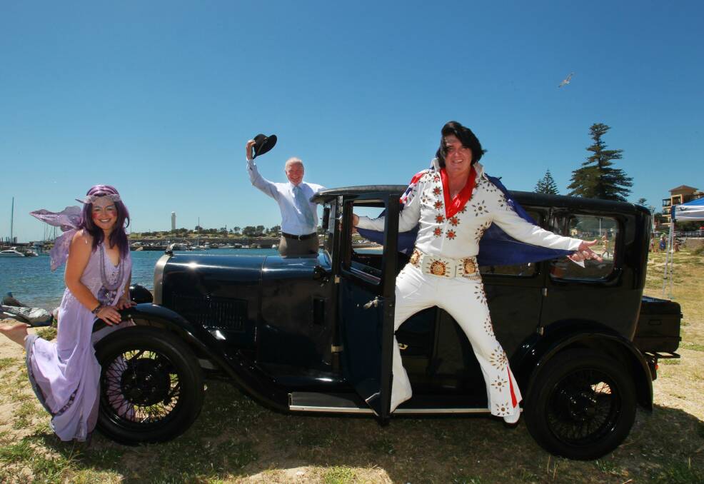 Lavender Lilly, Lord Mayor Gordon Bradbery and Elvis at the launch of Wollongong's Australia Day program. Picture: ORLANDO CHIODO