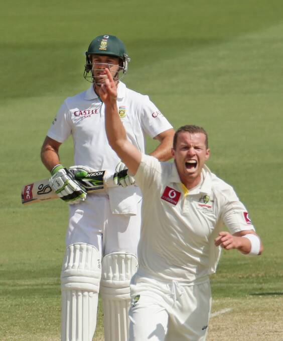 ADELAIDE, AUSTRALIA - NOVEMBER 25:  Peter Siddle of Australia celebrates after dismissing Alviro Petersen of South Africa during day four of the Second Test Match between Australia and South Africa at Adelaide Oval on November 25, 2012 in Adelaide, Australia.  (Photo by Scott Barbour/Getty Images)
