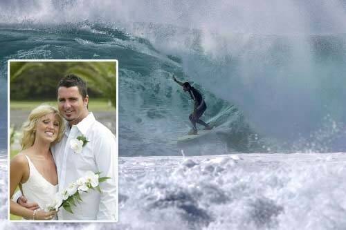 Darren Longbottom surfing at Shellharbour before the accident which left him with a broken neck. Mr Longbottom and wife Aimee on their wedding day.