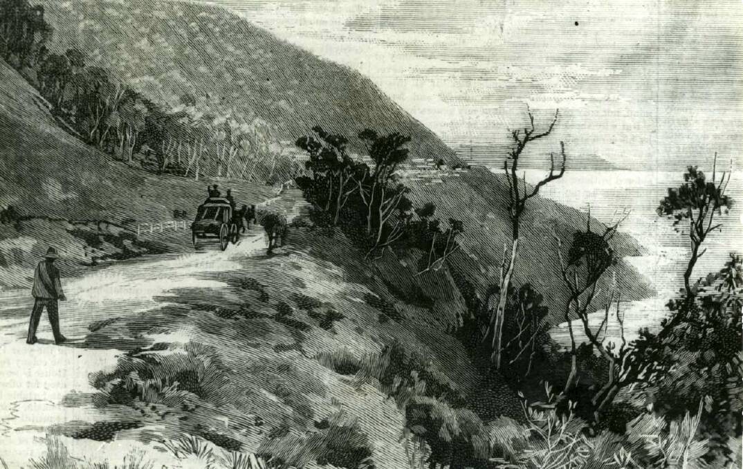 A mail coach at Clifton, in the shadow of the escarpment in 1888. Ten years earlier, a postal worker broke his neck after falling from a mail coach on Bulli Mountain. Picture: From the collections of the Wollongong City Library and the Illawarra Historical Society.