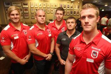 Dragons players Jack de Belin (left), Dan Hunt, Jeremy Latimore, Mitch Rein and Ben Creagh at the Steelers Club yesterday. They  are among the club’s players attending the University of Wollongong. Picture: ROBERT PEET