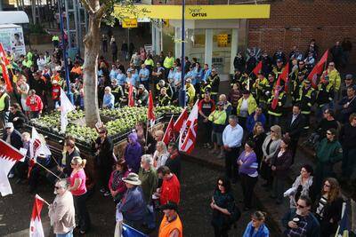 Workers gather in Crown St Mall to protest changes to WorkCover. Photo: MELANIE RUSSELL
