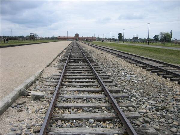 Train tracks leading into the Birkenau camp at Auschwitz.