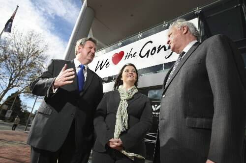 NSW Opposition Leader Barry O'Farrell, Wollongong Liberal candidate Michelle Blicavs and Opposition Illawarra spokesman Greg Pearce outside Wollongong council. Picture: KEN ROBERTSON