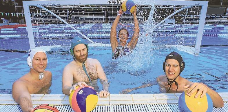 UOW water polo players Jeff Paquet, Pat Steele, Nina Rickards and Craig Violi train at the uni pool. Picture: ANDY ZAKELI