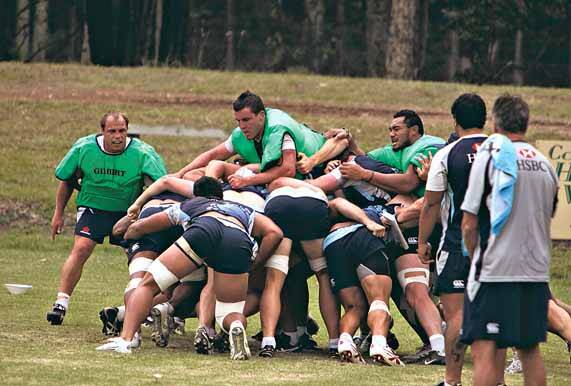 The Waratahs work on scrummaging ahead of Thursday’s trial match against the Western Force at Shoalhaven.