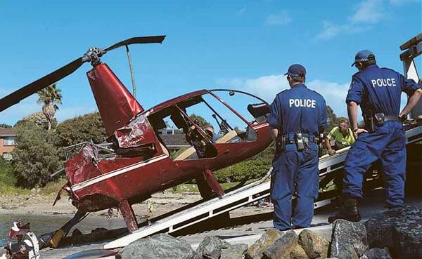 The helicopter which crashed off Lilli Pilli, south of Batemans Bay, killing a 70-year-old woman who was the wife of the pilot. Picture: LANNON HARLEY