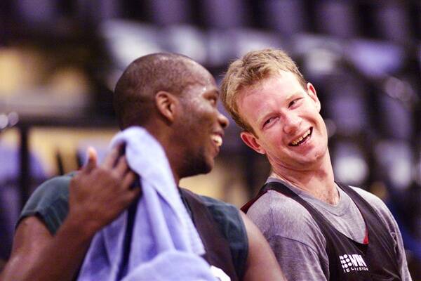 Melvin Thomas and Mat Campbell enjoy a light moment in November 1999. Photo: DAVE TEASE