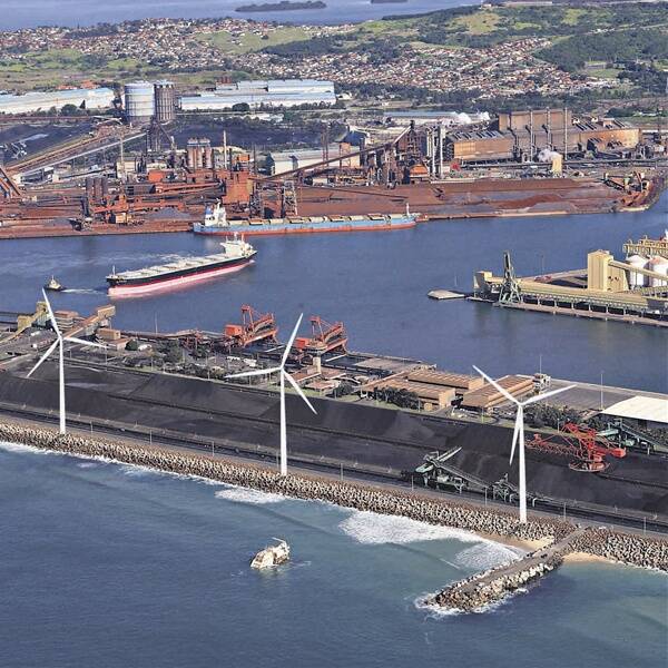 An artist's impression of wind turbines at Port Kembla, adjoining the coal loader, with enough annual power generated for up to 10,000 homes.