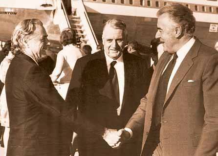 Deputy PM Jim Cairns (left) and PM Gough Whitlam (right) with Rex Connor in 1975.