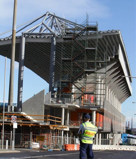The roof of the new WIN Stadium has buckled in high winds. Picture: KIRK GILMOUR