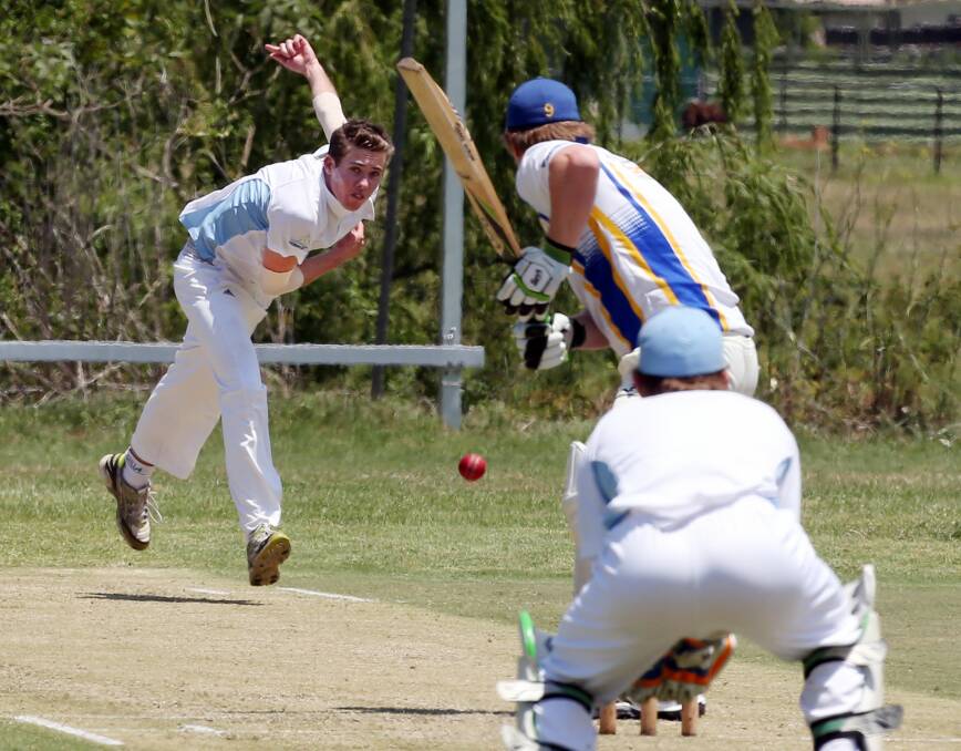 Northern District bowler Jackson Stewart in the thick of action against Dapto at Reed Park on Saturday. Picture: ROBERT PEET