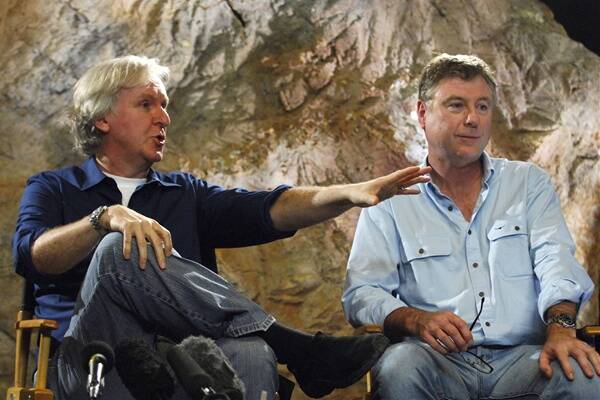 Andrew Wight, right, and  director James Cameron  discuss a movie in 2010. Wight and fellow film-maker Mike deGruy were killed in Saturday’s helicopter accident.