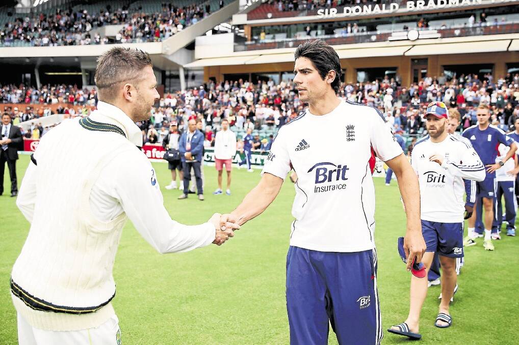 Rival captains Michael Clarke (left) and Alastair Cook after the second Test yesterday. Picture: GETTY IMAGES