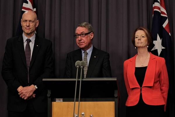 Education Minister Peter Garrett, David Gonski and Prime Minister Julia Gillard. PIcture: ANDREW MEARES