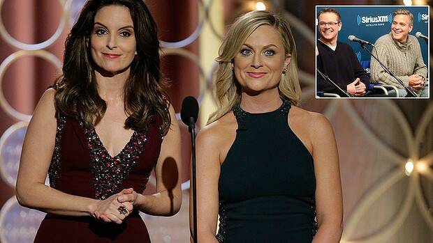 Pranked ... Tina Fey and Amy Poehler had a few choice words to say about George Clooney and Matt Damon (inset) at the Golden Globes but that wasn't the end of it. Picture: GETTY