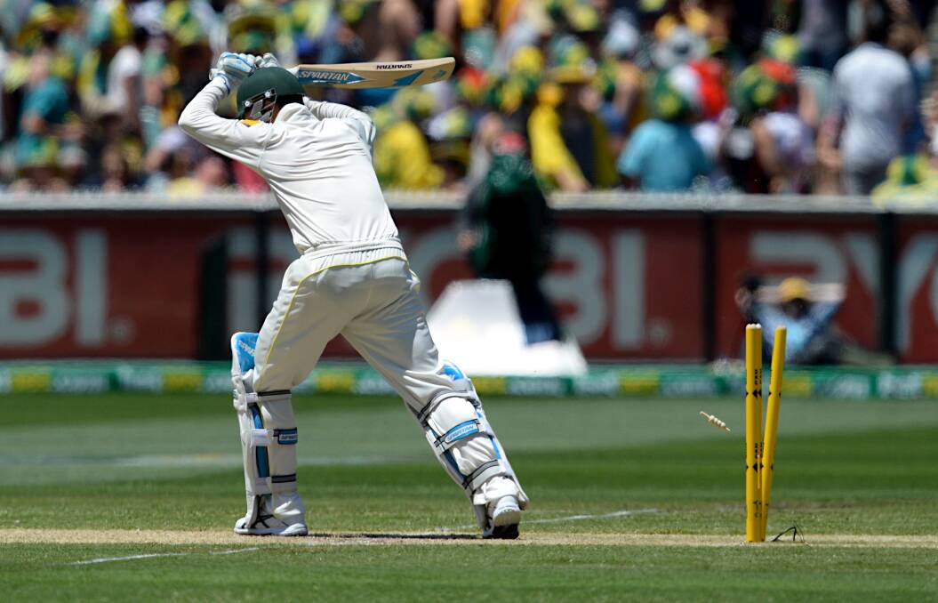 Michael Clarke is bowled by Jimmy Anderson. Picture PAT SCALA