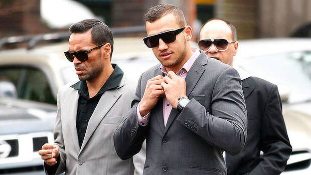 NRL player Blake Ferguson, right, arrives at court with Anthony Mundine in December. Picture: GETTY