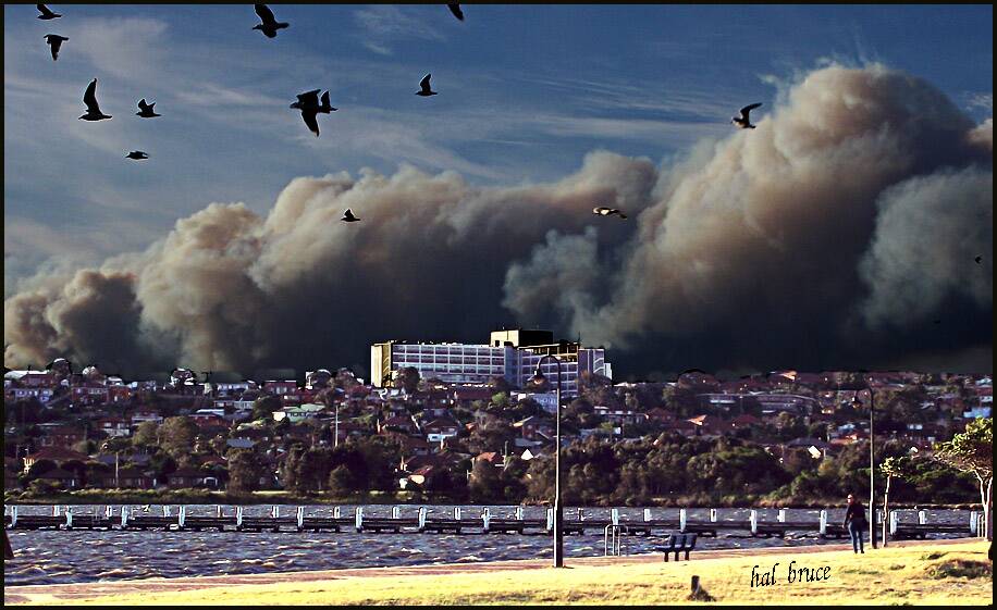View from Warrawong. Port Kembla Hospital with a dense cloud of bush-fire smoke behind it. PICTURE: Hal Bruce