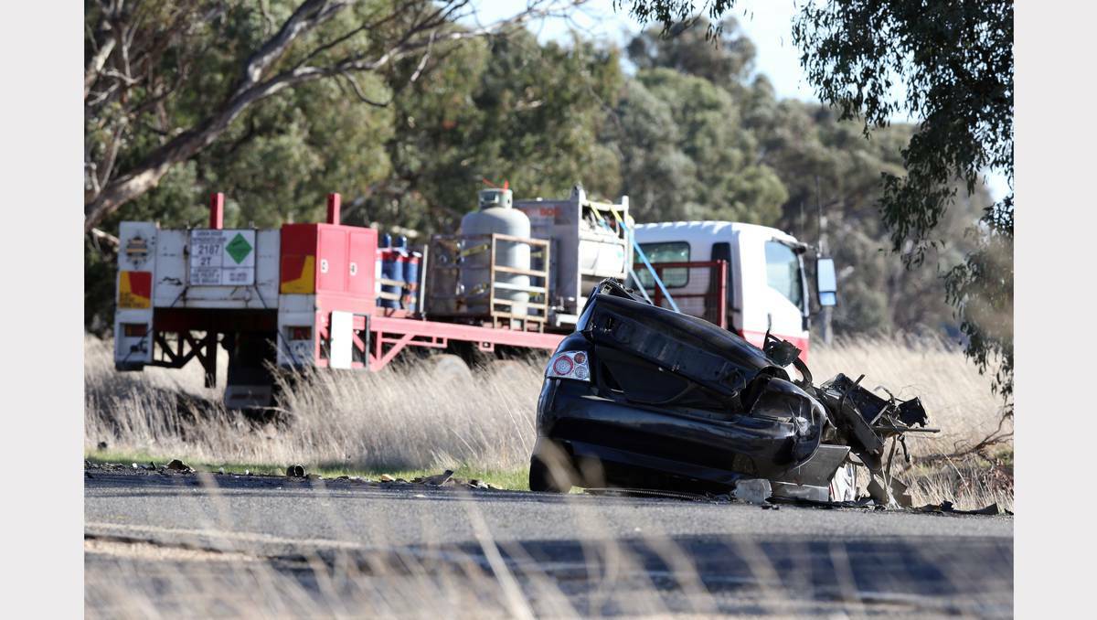 The car in which two peopl e were killed after colliding with this truck near Savernake. Picture: PETER MERKESTEYN (BORDER MAIL) 