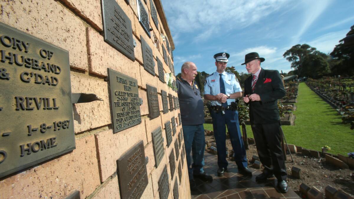 Peter Poulton, Inspector Paul Allman and Lord Mayor Gordon Bradbury at the Wollongong City Memorial Gardens & Crematorium. Picture: ADAM McLEAN