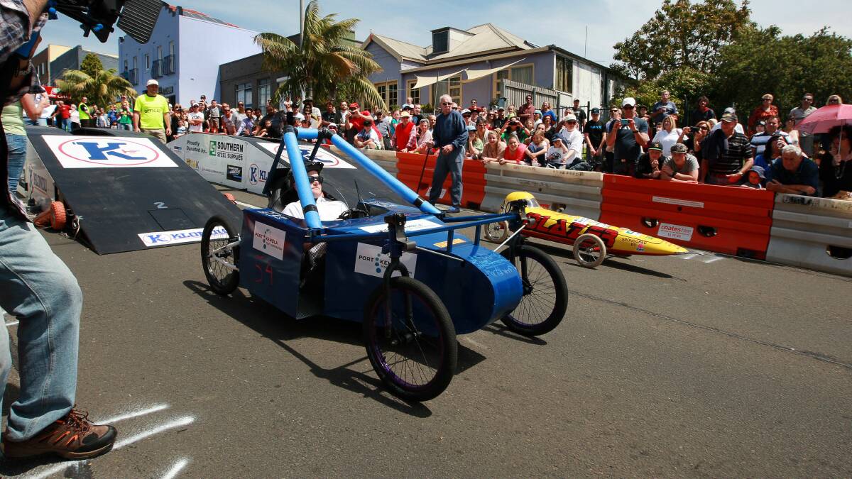 Billy carts in the open the category race away from the start line down Wentworth Street. Picture: SYLVIA LIBER